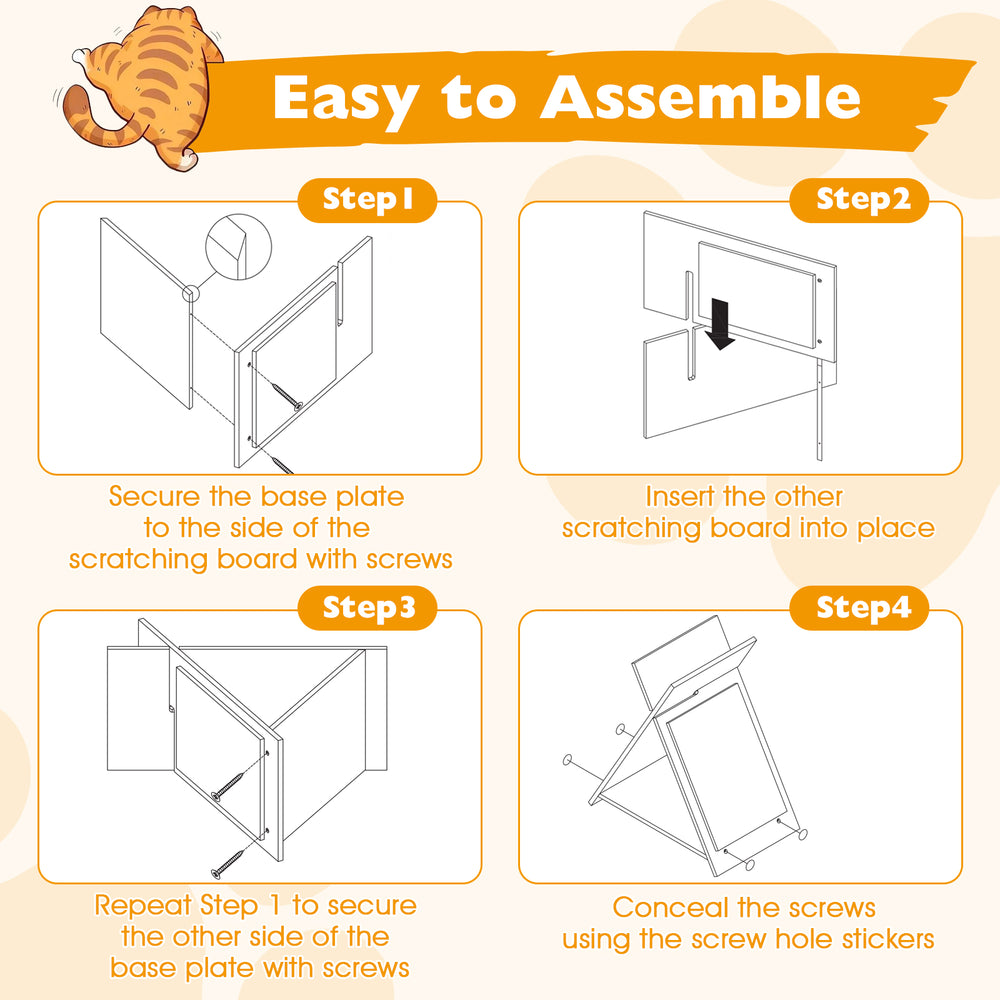 Step-by-step assembly instructions for a natural cat scratcher with an X-shaped design and wood-like texture.