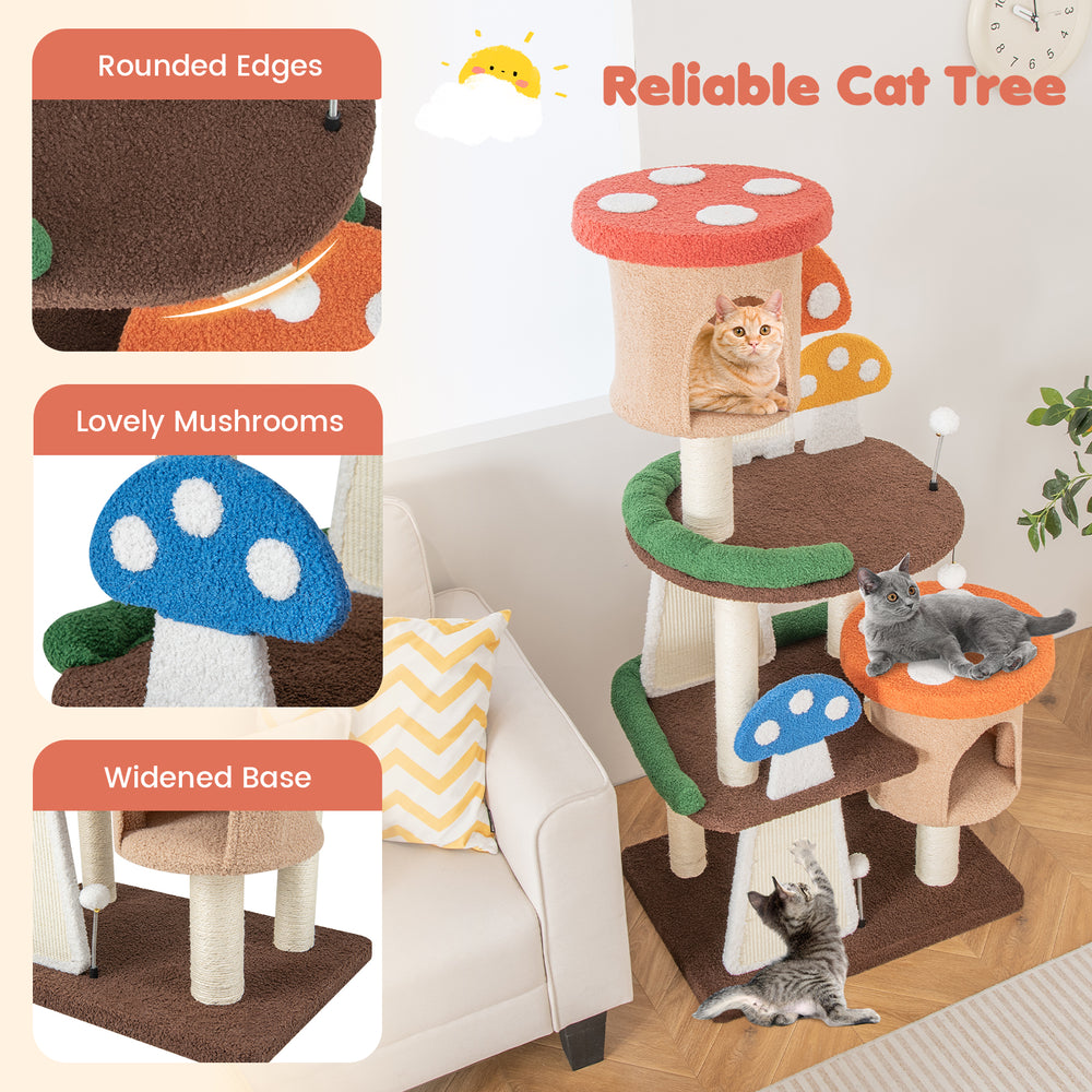 Multicolor 4-in-1 cat tree with rounded edges, two condos, platforms, and playful mushroom design for indoor fun.