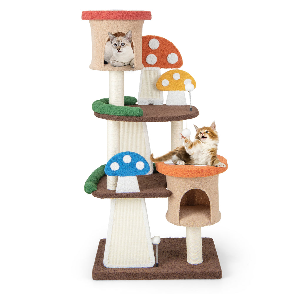 Multicolor 4-in-1 cat tree featuring two condos and platforms, made with sisal posts and cozy teddy fabric for indoor.