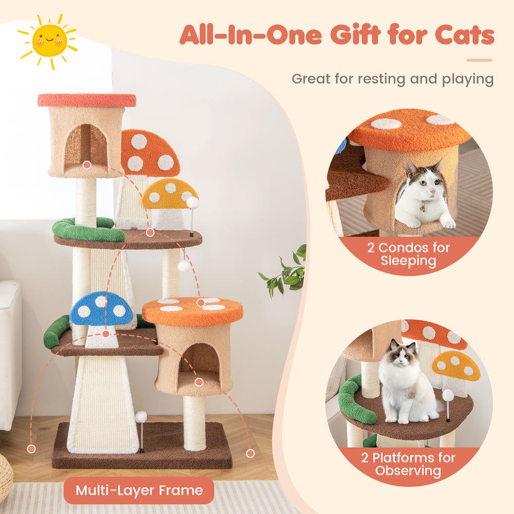 Multicolor 4-in-1 cat tree with 2 condos and platforms, featuring sisal posts and playful mushroom design for indoor.