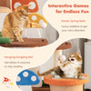 Multicolor 4-in-1 cat tree featuring two condos, platforms, and interactive elastic spring balls for indoor play.