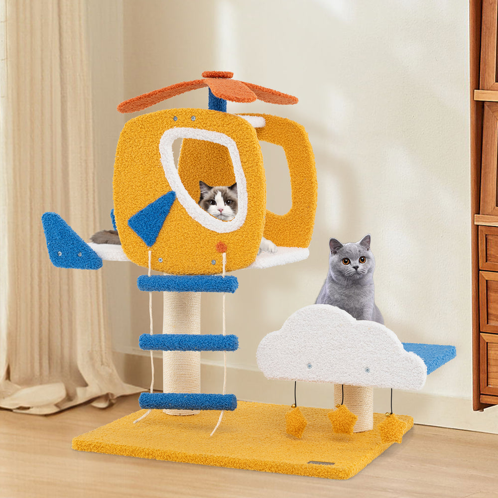 Indoor aviation-themed cat tree featuring a helicopter perch and cloud platform, designed for comfort and play.