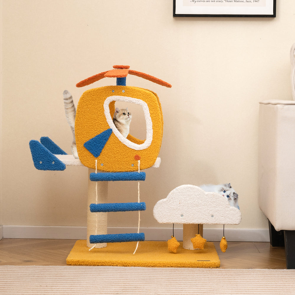 Indoor aviation-themed cat tree featuring a helicopter perch, cloud decoration, and scratching post for playful cats.