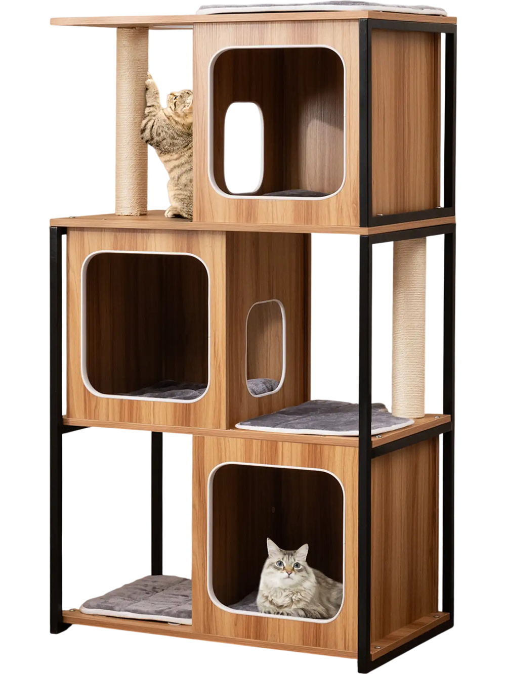 Modern cat tree with natural wood finish, featuring spacious condos, scratching posts, and padded perches for feline.