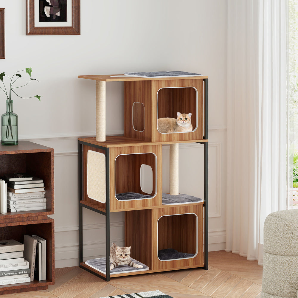 Modern cat tree with metal frame, featuring spacious condos and scratching posts for comfortable feline play and rest.