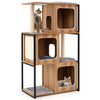 Modern cat tree with metal frame, spacious condos, and sisal scratching posts for feline comfort and play.
