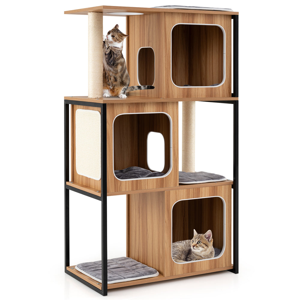 Modern cat tree with metal frame, spacious condos, and sisal scratching posts for feline comfort and play.
