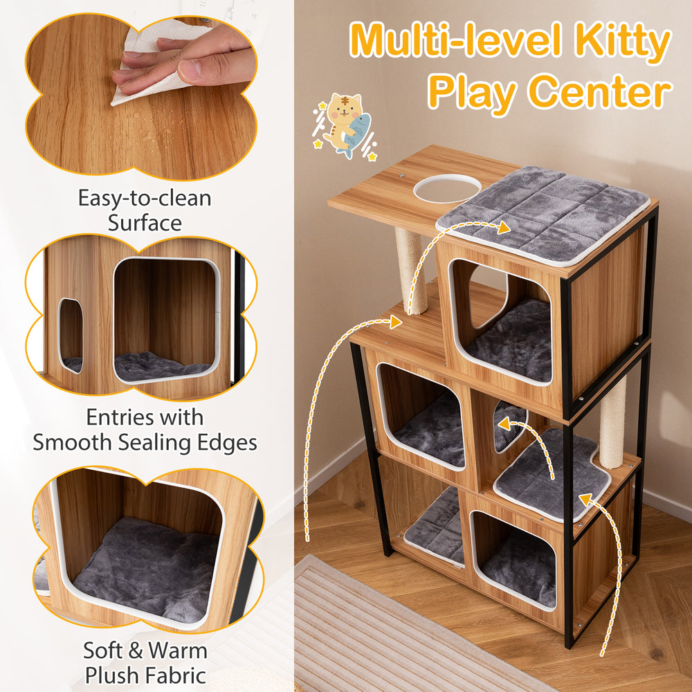 Multi-level cat tree with metal frame, padded perches, and spacious condos for comfortable feline lounging and.