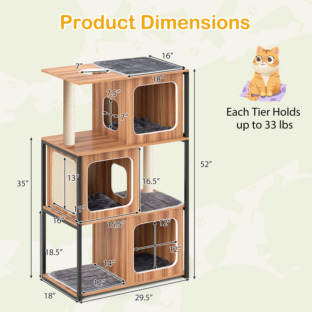 Modern cat tree with metal frame, featuring 3 condos, oversized perches, and sisal scratching posts for feline comfort.