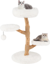 Cat tree made of solid pear wood featuring plush white perches and natural jute scratching posts for feline relaxation.
