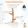Cat tree made of solid pear wood with white perch and natural jute scratching posts, dimensions shown for clarity.