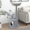 Three-tier gray cat tower with cozy top perch, private condo, and dangling toys for playful cats.