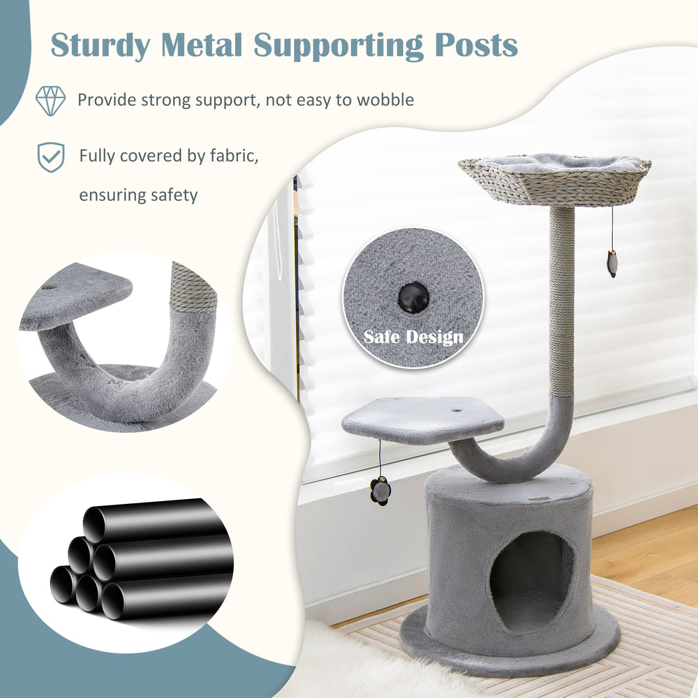Curved metal cat tower with cozy top perch, private condo, and scratching post for playful relaxation in gray.