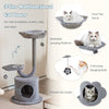 3-tier gray cat tower with cozy top perch, private condo, and dangling balls for playful relaxation and scratching.