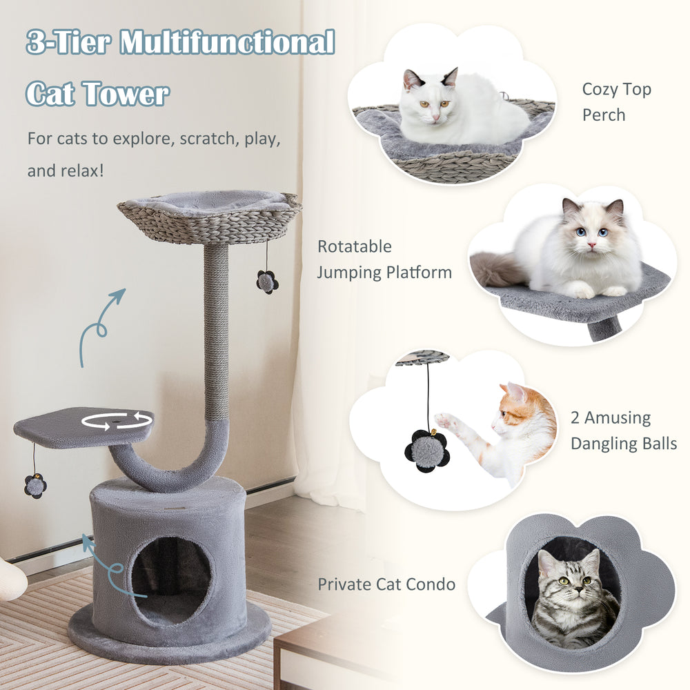 3-tier gray cat tower with cozy top perch, private condo, and dangling balls for playful relaxation and scratching.