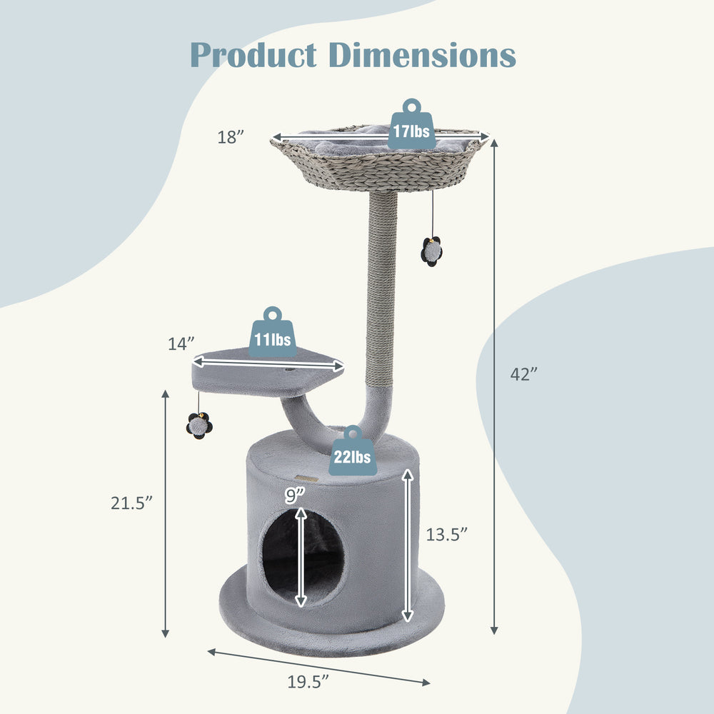 Dimensions of the 42-inch tall gray cat tower with curved metal frame, featuring a cozy perch and private condo.