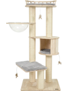 Cat tree designed with a cozy condo, plush cushions, and three hanging feather toys for playful indoor kittens.