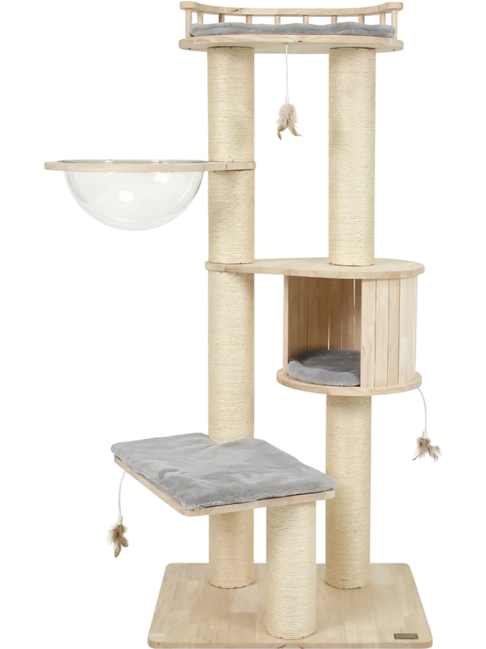 Cat tree designed with a cozy condo, plush cushions, and three hanging feather toys for playful indoor kittens.