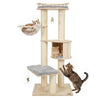 Indoor cat tree features a wide base, 4" sisal scratching posts, and three hanging feather toys for playful kittens.
