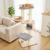 Multi-level cat tree in gray with plush top perch, condo space, and three hanging feather toys for indoor kittens.