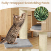 Cat tree features a plush top perch, 4" sisal scratching posts, and three hanging feather toys for indoor kittens.