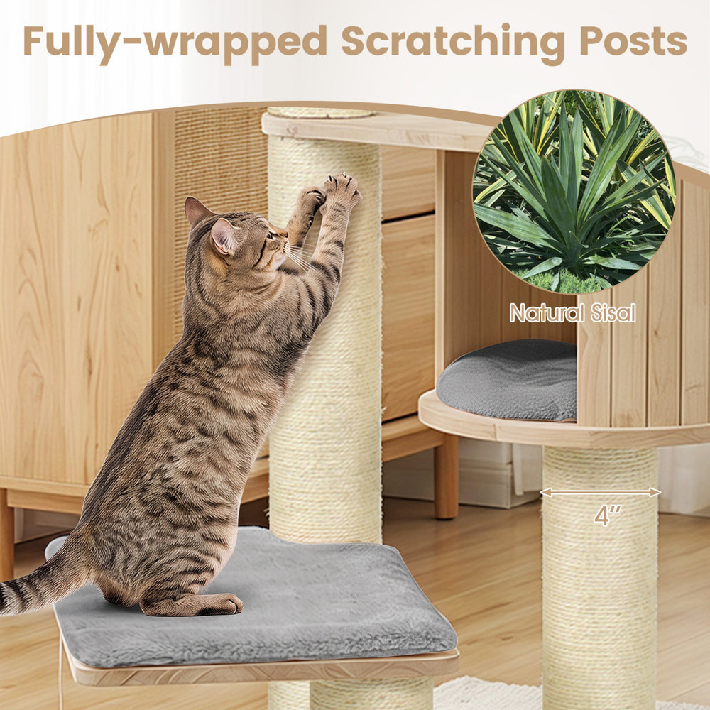 Cat tree features a plush top perch, 4" sisal scratching posts, and three hanging feather toys for indoor kittens.