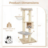 Multi-level cat tree with plush top perch, condo space, and three hanging feather toys for indoor kittens.
