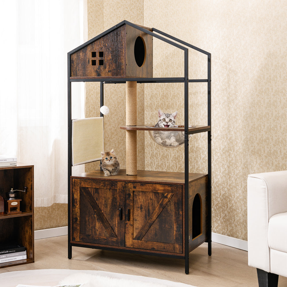 Multi-level rustic brown cat tree with litter box enclosure, featuring a cozy hideaway and transparent observation.