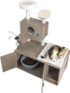 Multi-level gray cat tower with litter box enclosure, plush perch, and scratching mats for indoor cats.