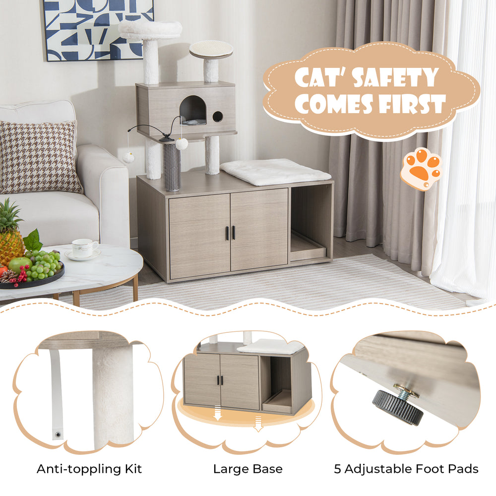 Modern gray 2-in-1 cat tower with litter box enclosure, multi-level design, and plush perch for indoor cats.