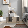 Multi-level gray cat tower with litter box enclosure, plush perch, and scratching board for indoor cats.