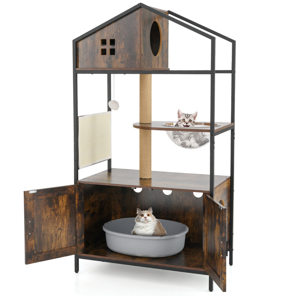 Multi-level cat tree with litter box enclosure in rustic brown, featuring a cozy hideaway and spacious design for.