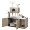 Modern 2-in-1 cat tower with litter box enclosure, featuring plush perch, scratching board, and spacious condo for.