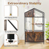 Multi-level cat tower in rustic brown with litter box enclosure, sturdy metal pipes, and adjustable foot pads for.