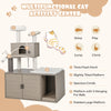 Multifunctional cat activity center in gray with plush perch, condo, and three hanging balls for indoor play and.