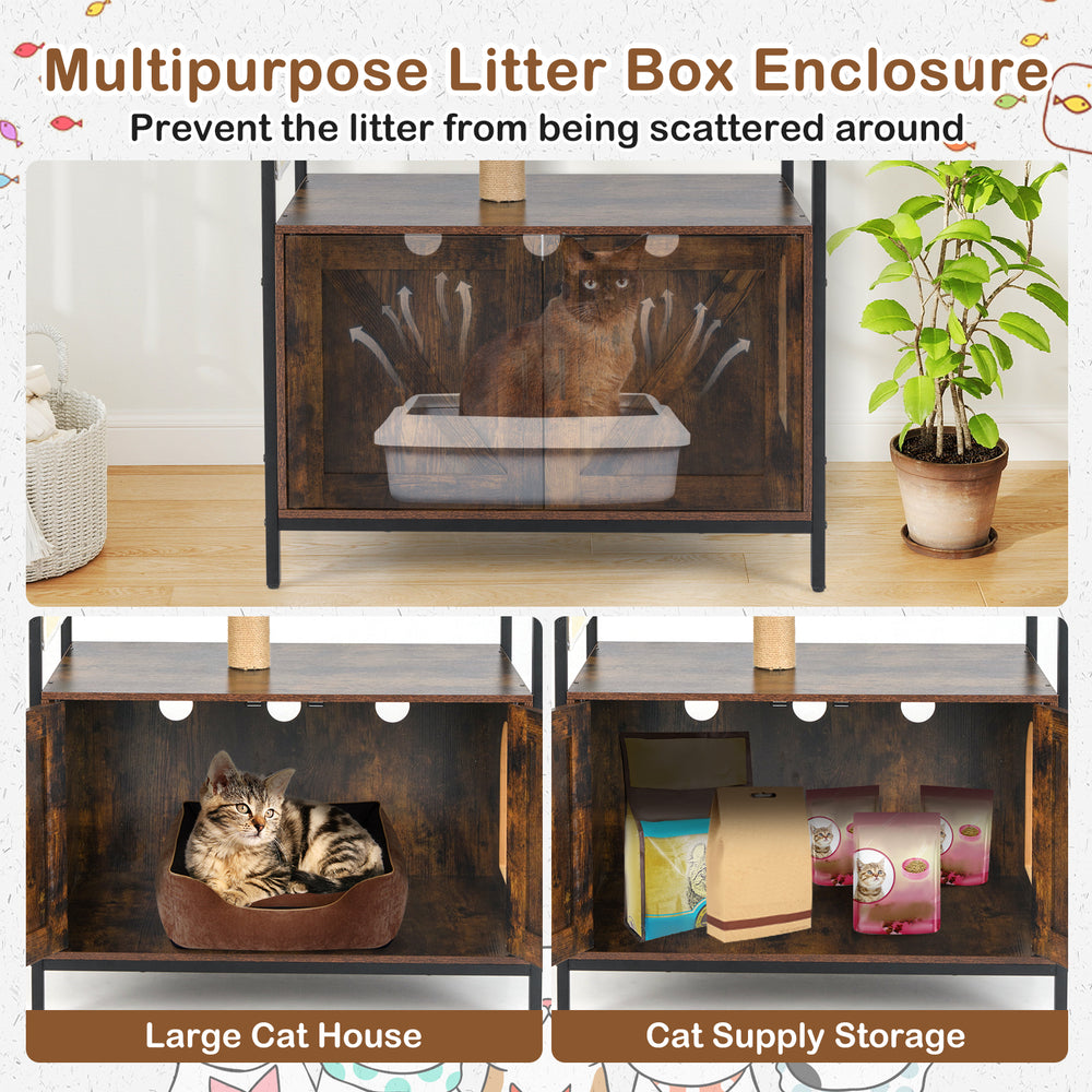 Cat tree with litter box enclosure in rustic brown, featuring a spacious hideaway and removable cushion for indoor cats.