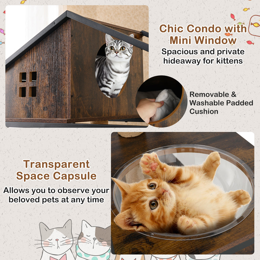 Chic cat tree with litter box enclosure, rustic brown finish, mini window, and removable padded cushion for indoor cats.