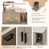 Modern gray cat tower with litter box enclosure, featuring a plush perch, scratching board, and side entry for easy.