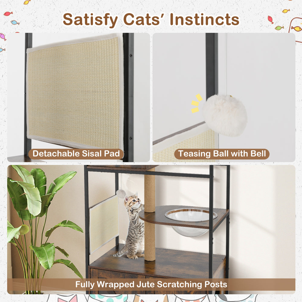 Cat tree with litter box enclosure featuring a rustic brown finish, removable sisal pad, and cozy hideaway for indoor.