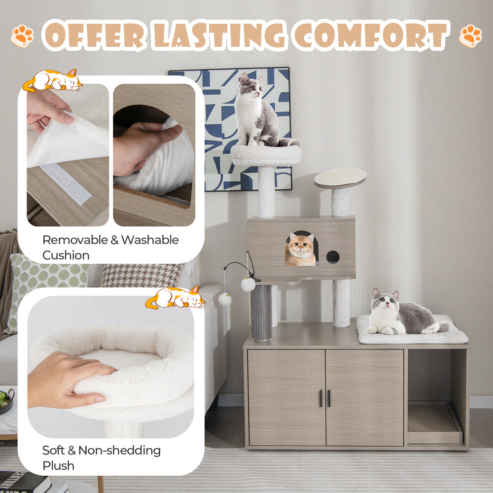 Modern 2-in-1 cat tower in gray with removable cushion, multi-level design, and scratching board for indoor cats.