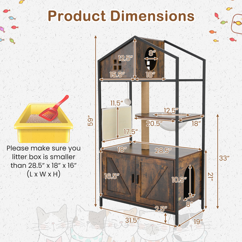 Cat tree with litter box enclosure featuring rustic brown finish, multi-level design, and spacious hideaway for indoor.