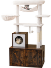 Cat tree with litter box enclosure in rustic brown, featuring multiple platforms, hammock, and scratching posts for.