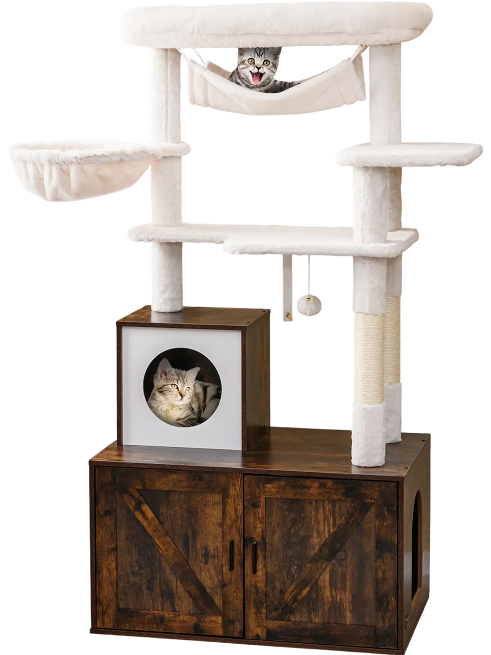 Cat tree with litter box enclosure in rustic brown, featuring multiple platforms, hammock, and scratching posts for.