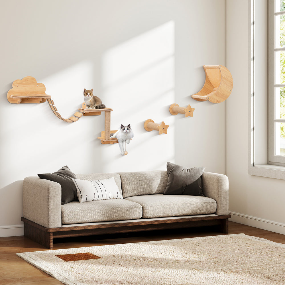 Cat wall furniture set featuring natural wood shelves, hammock, and playful steps for climbing and resting.