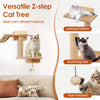 Versatile 2-step cat tree with scratching post and plush pompom, perfect for climbing and resting in natural wood.