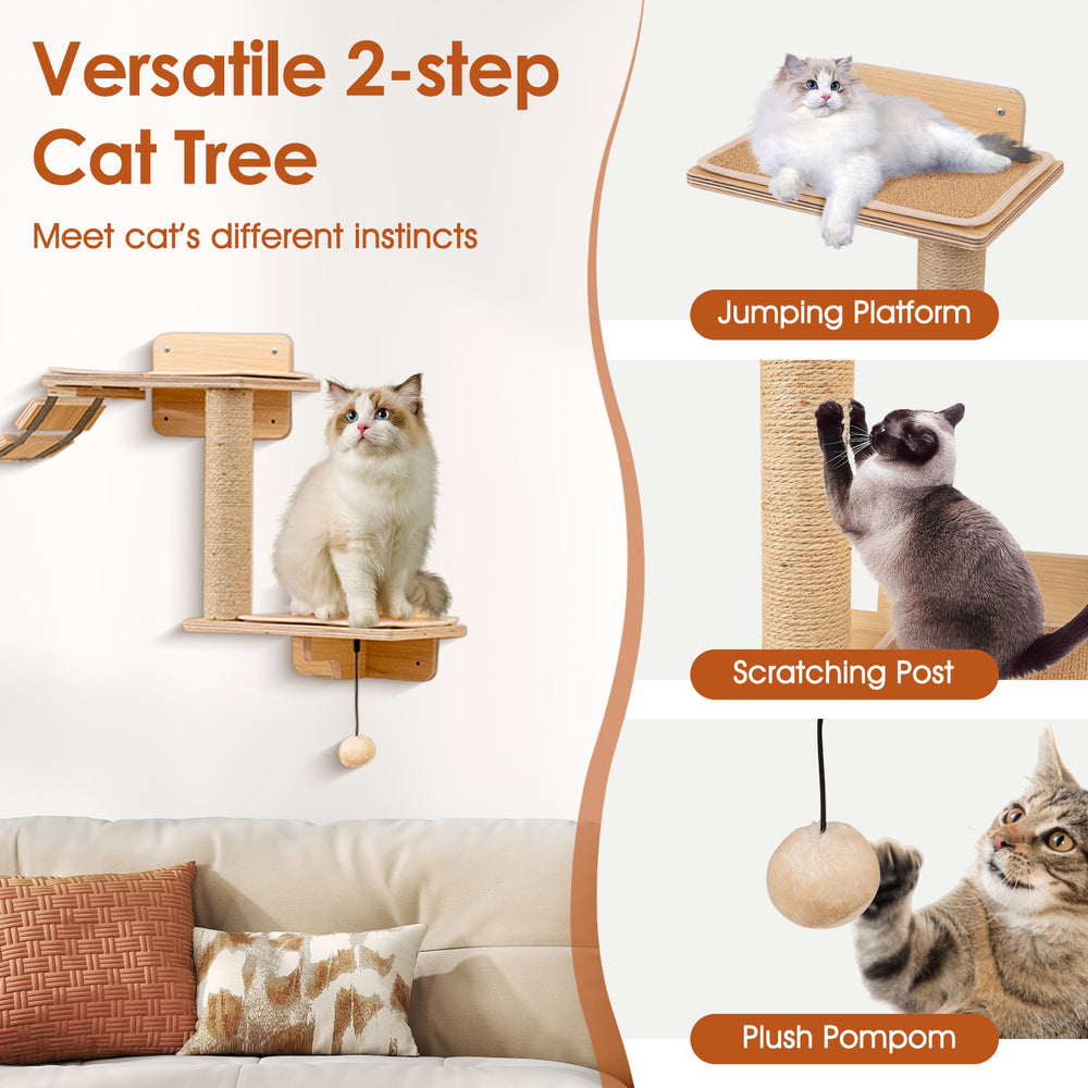 Versatile 2-step cat tree with scratching post and plush pompom, perfect for climbing and resting in natural wood.