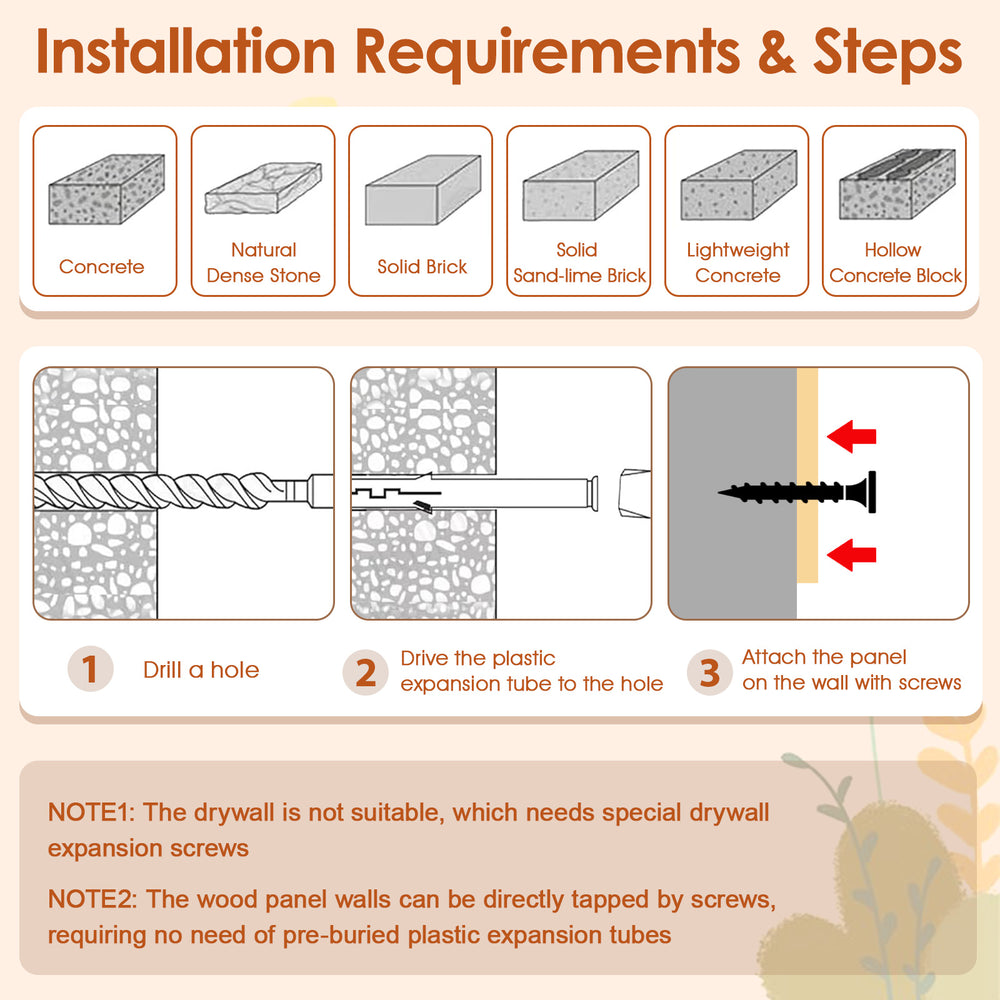 Installation guide for the Cat Wall Furniture Set, suitable for various wall surfaces, including concrete and brick.