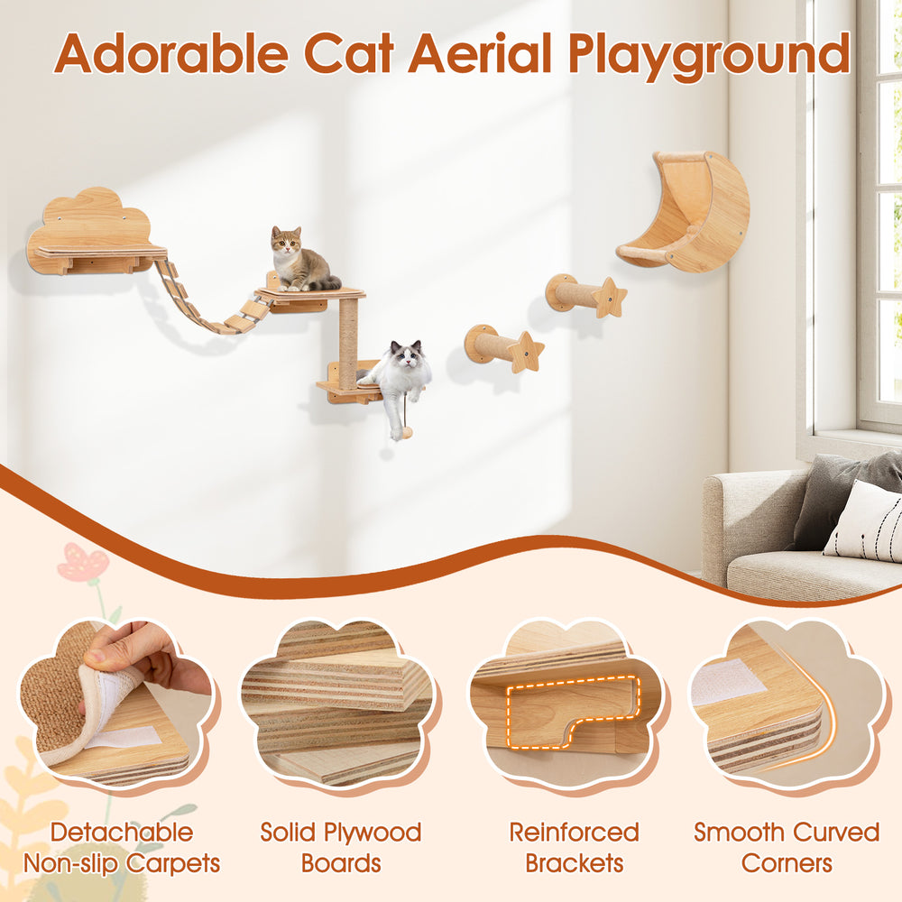 Cat wall furniture set featuring natural plywood shelves, hammock, and non-slip carpets for climbing and resting.