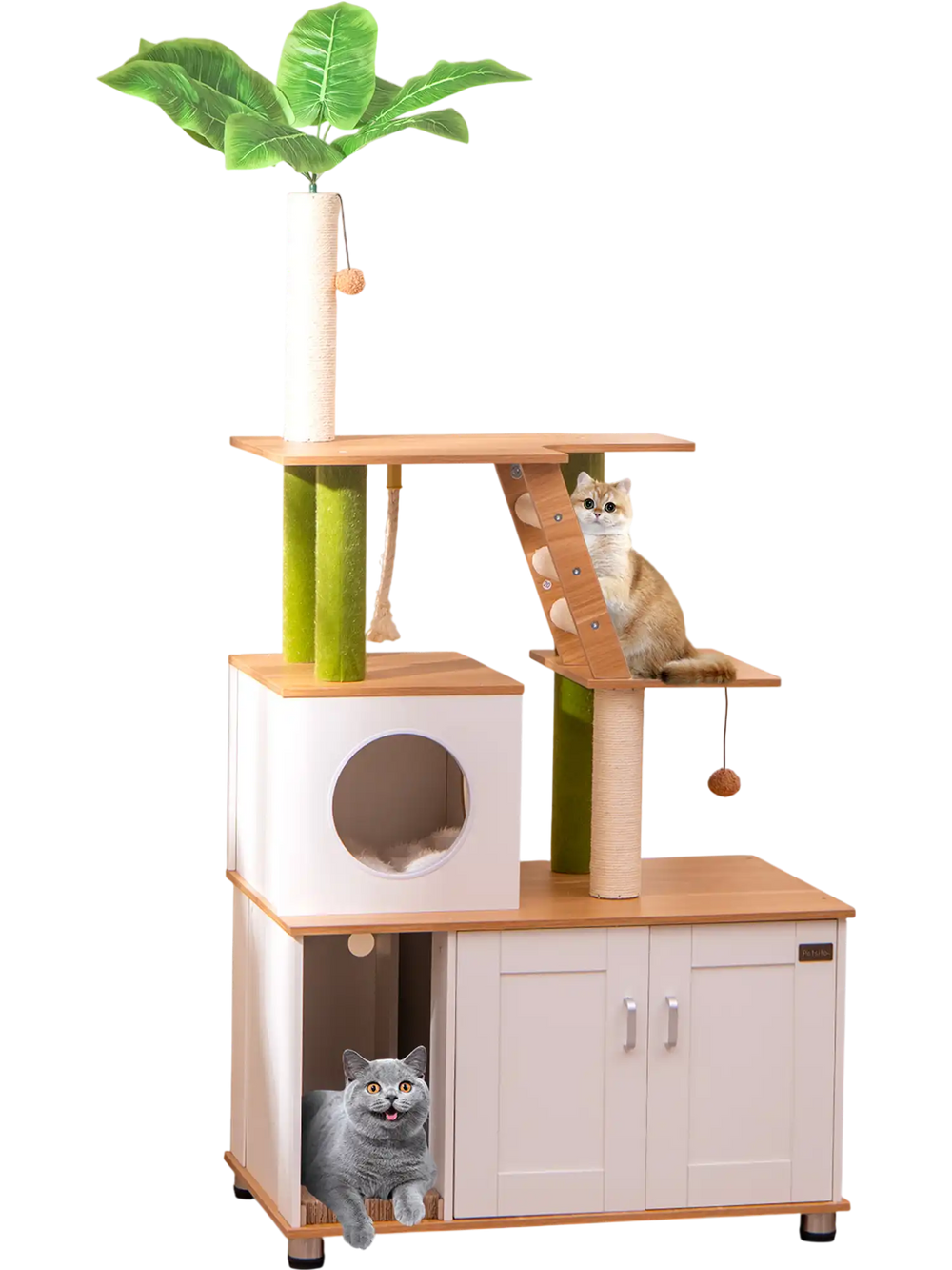 Hidden cat washroom with cat tower, featuring sisal scratching posts and cozy condo for indoor cats in white.