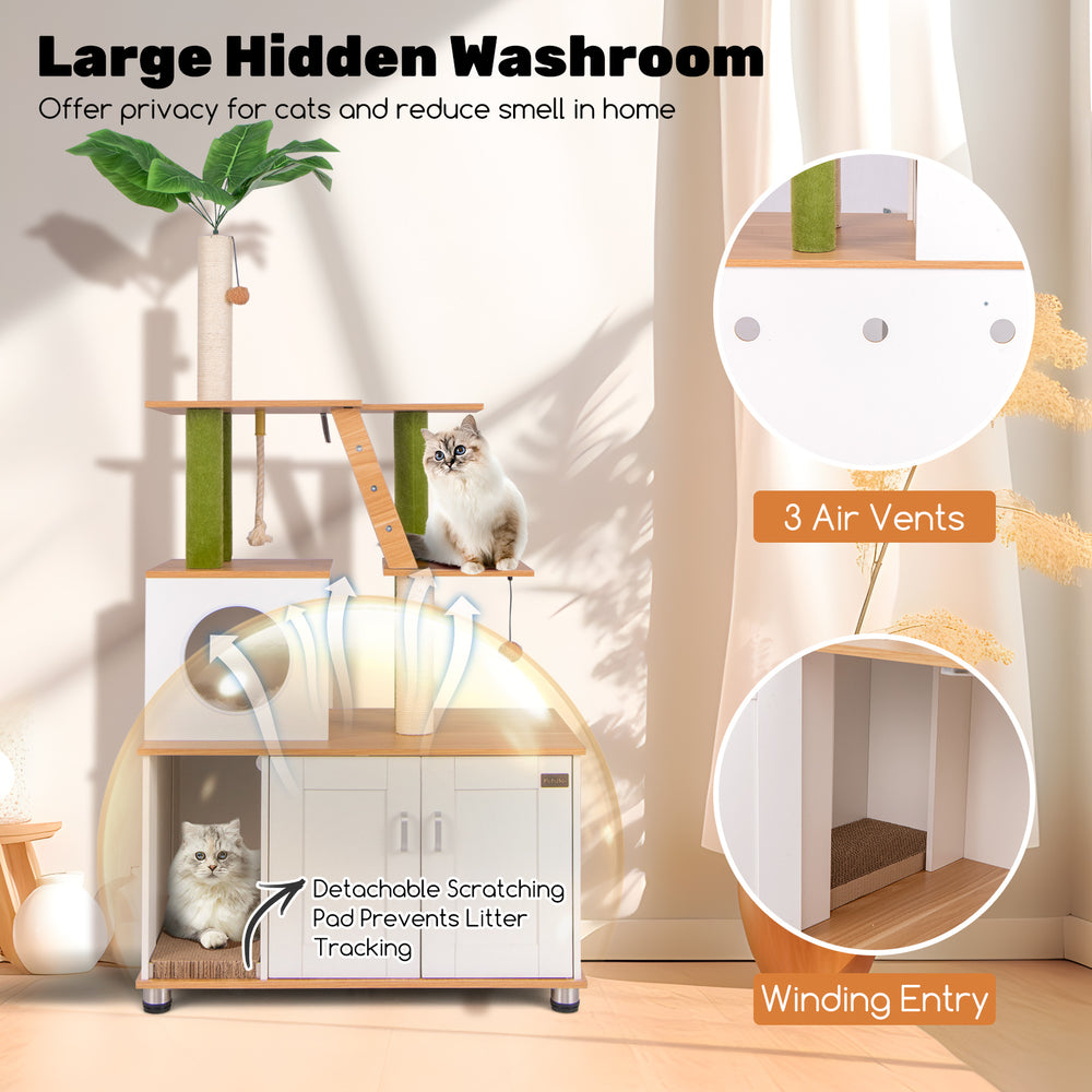 Hidden cat washroom with climbing tower, featuring removable scratch pad and cozy condo for indoor cats in white.